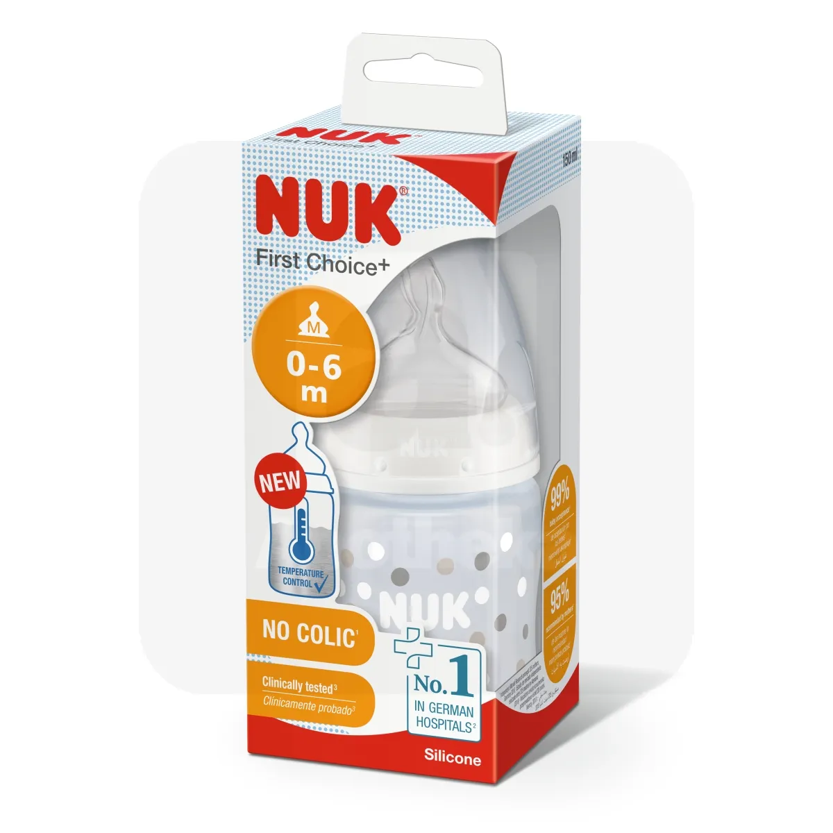 NUK FC+ LUTIPUDEL (LATEKS) 0-6K TEMP.NÄIDIKUGA 150ML - Tootepilt