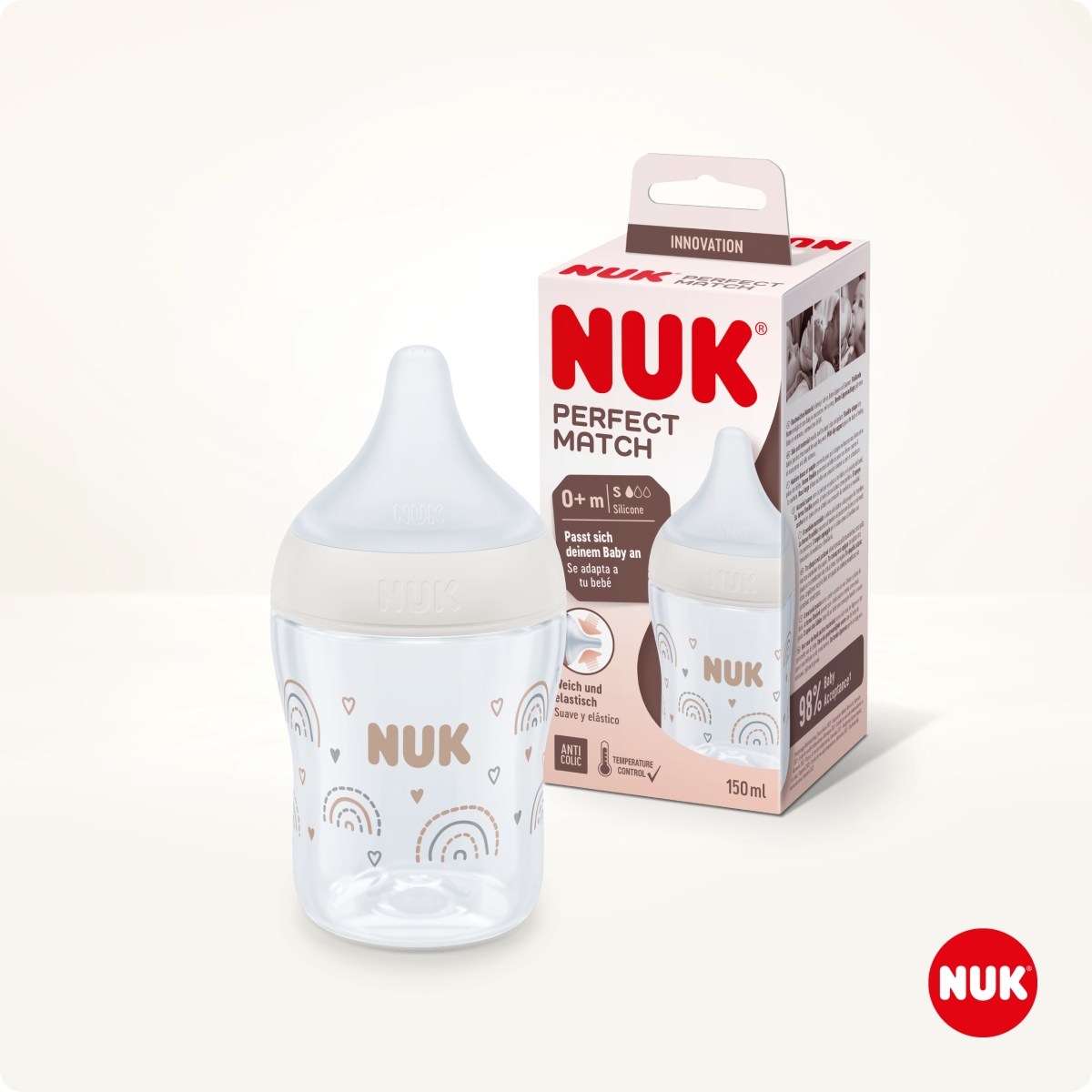 NUK PERFECT MATCH LUTIPUDEL SILIK. S (RAINBOW) 150ML - Tootepilt