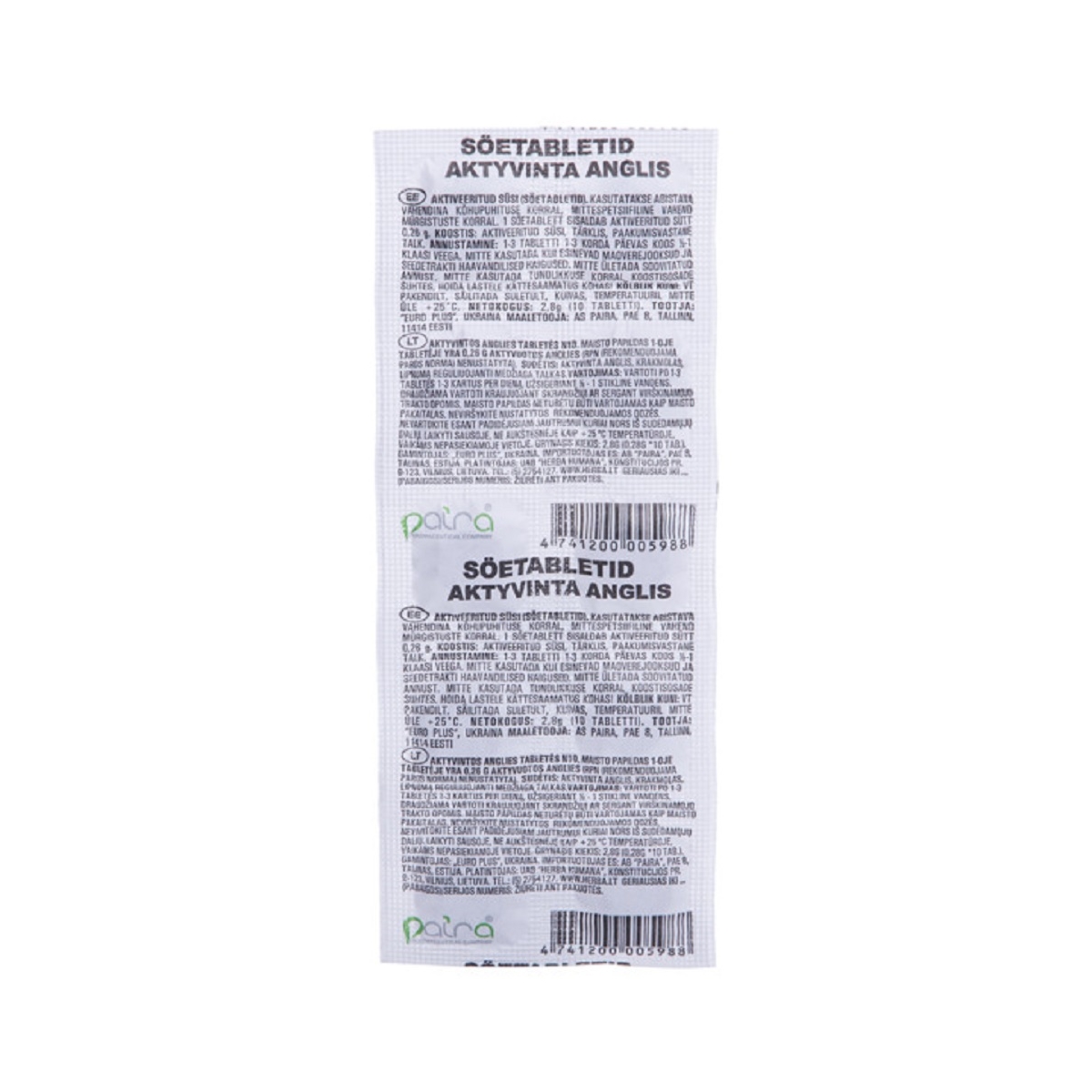 SÖETABLETID (CARBO ACTIVATUS) 250MG N10 (PAIRA) - Tootepilt