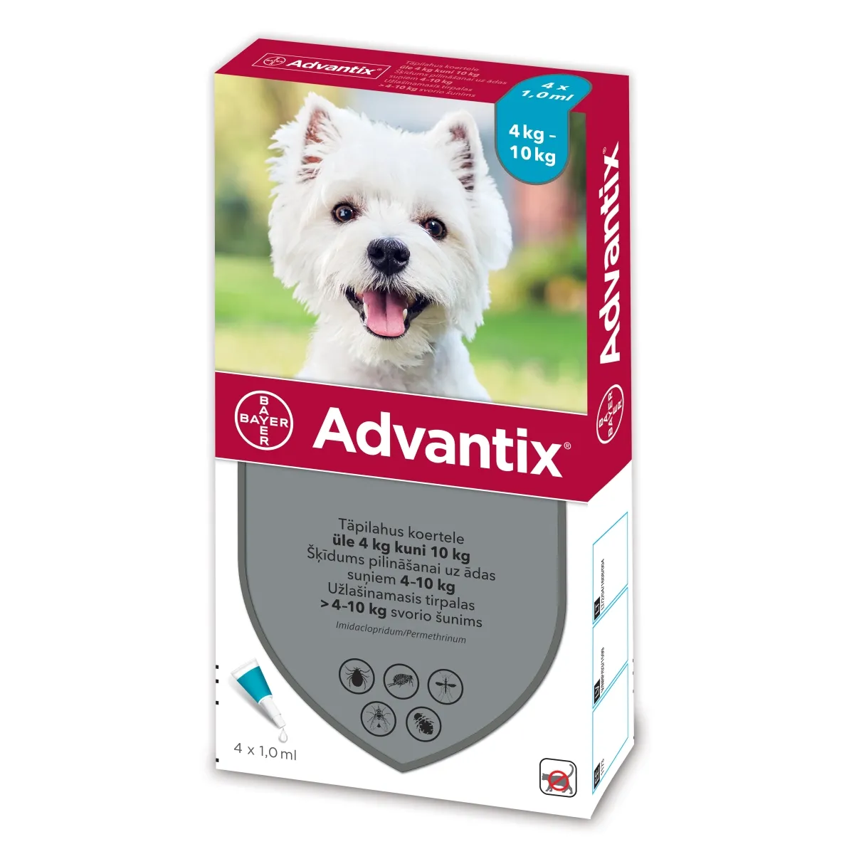 ADVANTIX TÄPILAHUS 500MG+100MG/ML 1ML N4 (>4-10KG) - Tootepilt