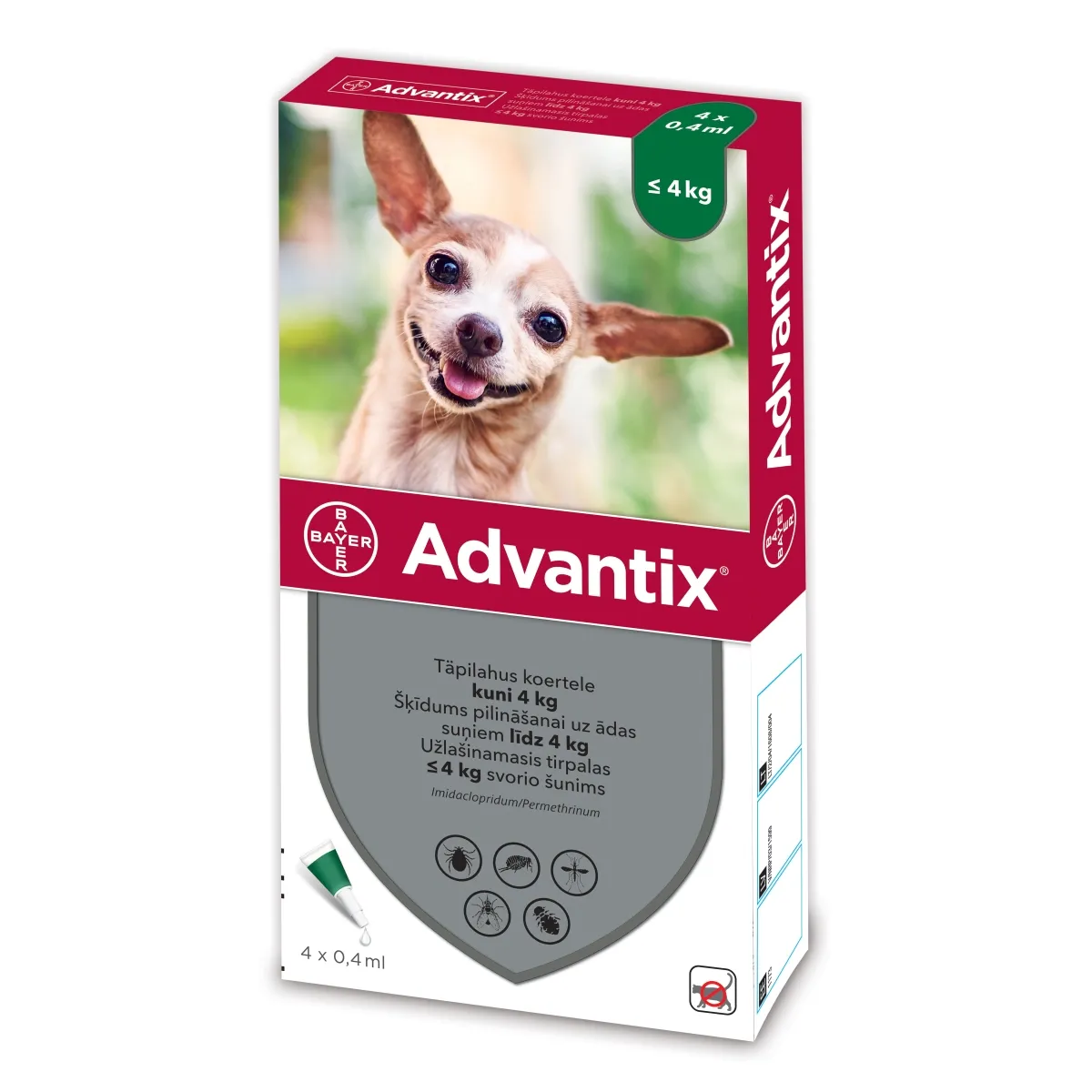 ADVANTIX TÄPILAHUS 500MG+100MG/ML 0,4ML N4 (<4KG) - Tootepilt
