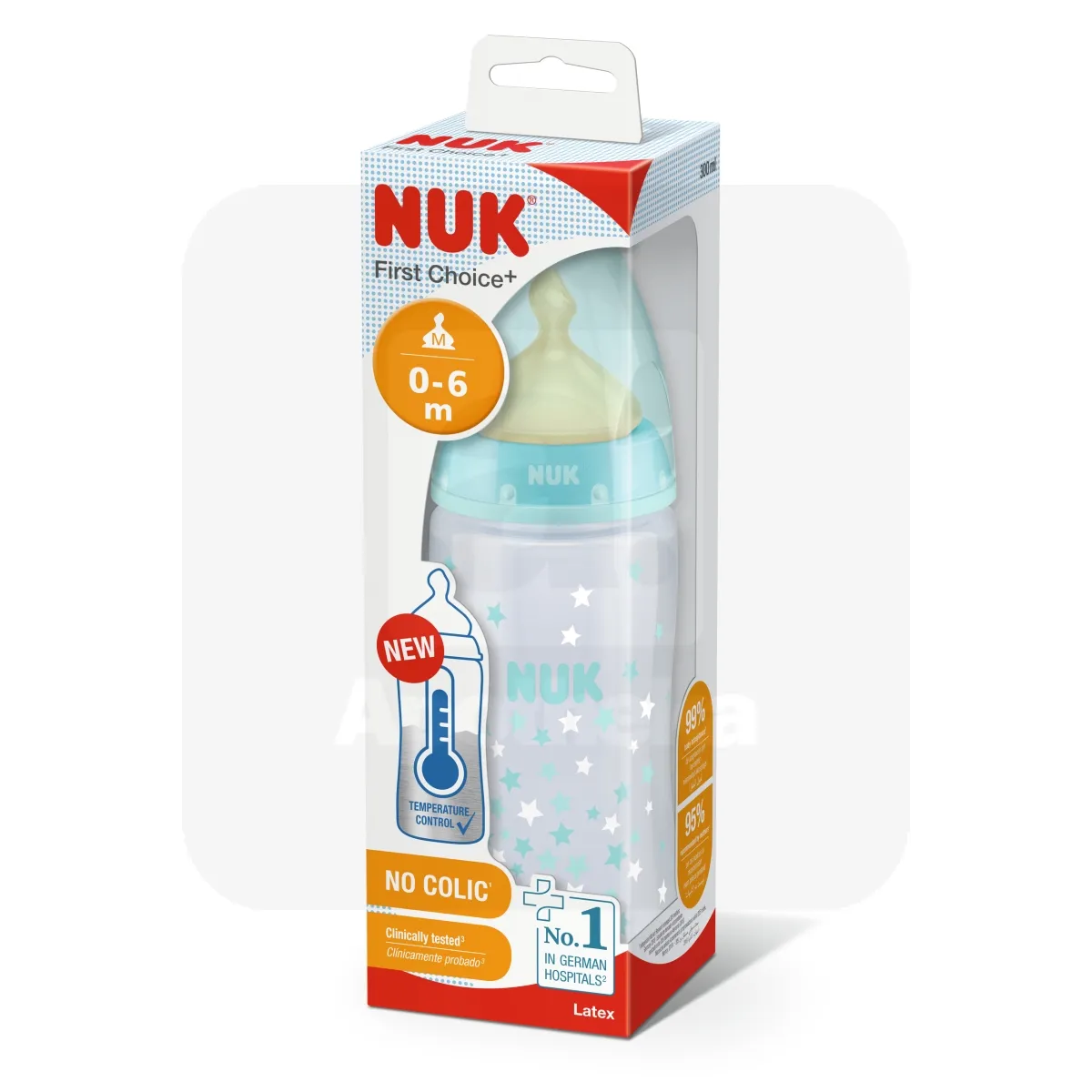 NUK FC+ LUTIPUDEL (LATEKS) 0-6K TEMP.NÄIDIKUGA 300ML - Tootepilt