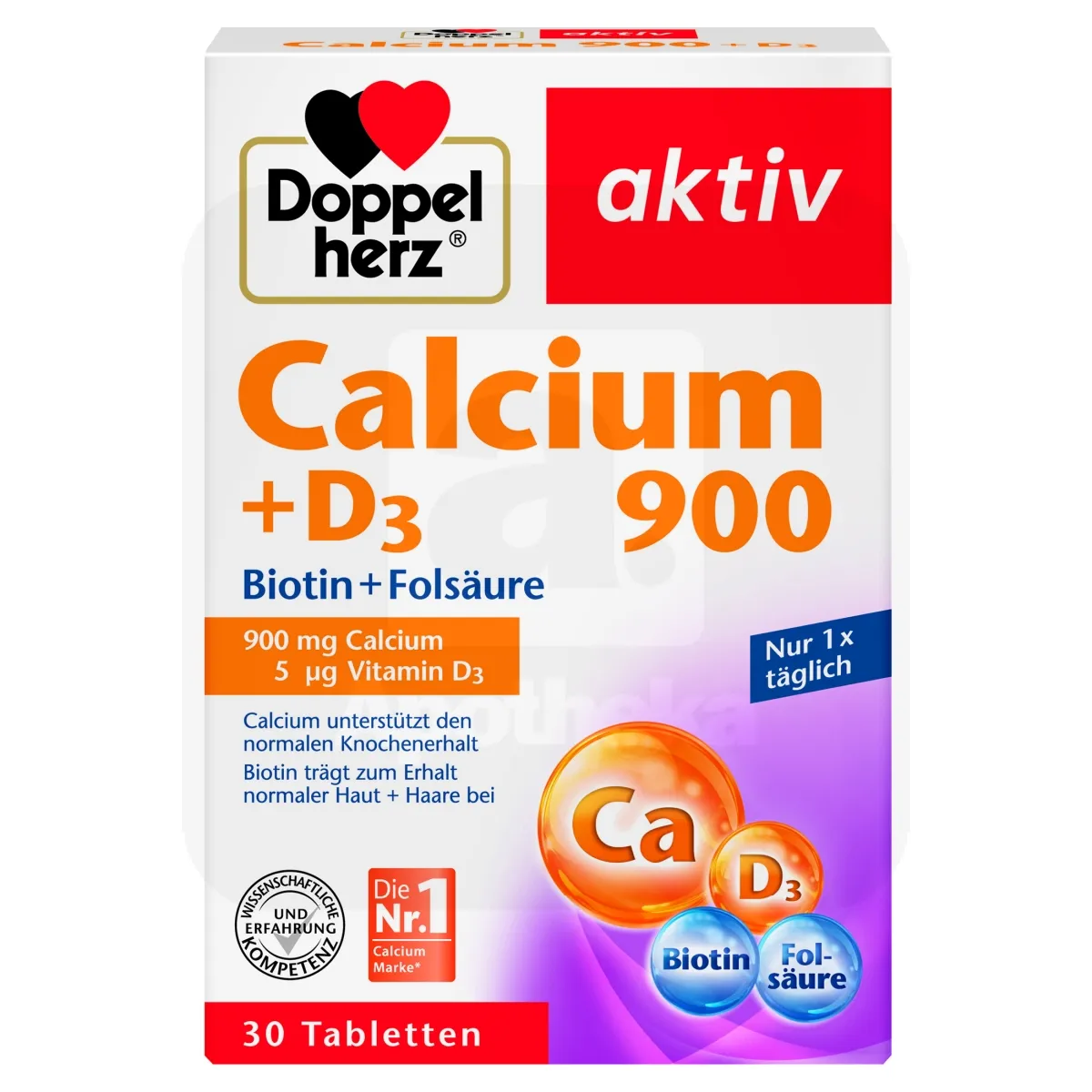 DOPPELHERZ AKTIV KALTSIUM 900 + D3 + BIOTIIN + FOOLHAPE TBL N30 - Tootepilt