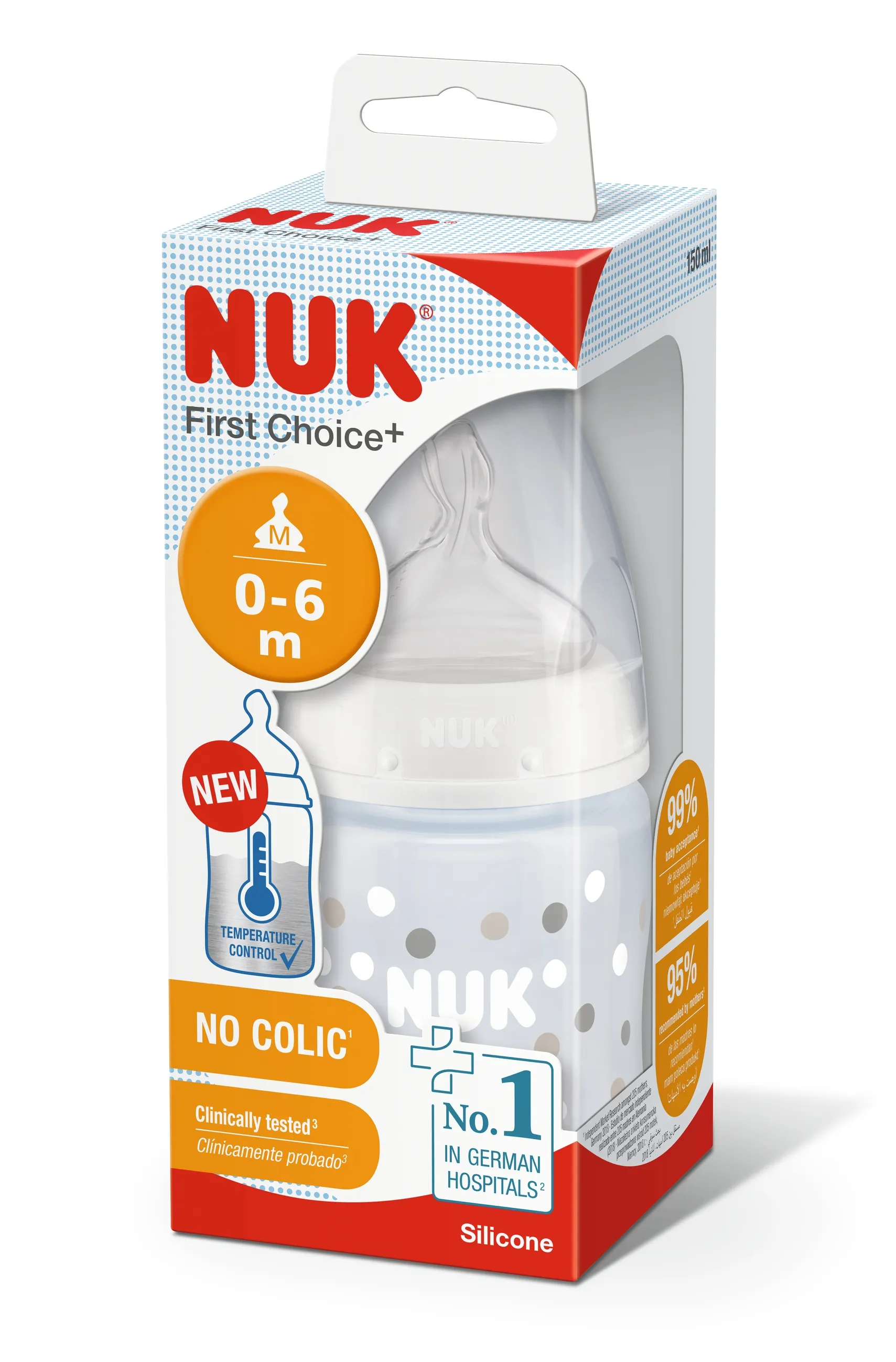 NUK FC+ LUTIPUDEL (LATEKS) 0-6K TEMP.NÄIDIKUGA 150ML - Tootepilt 