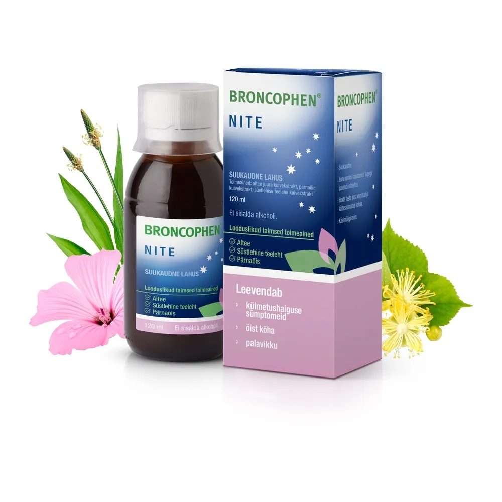 BRONCOPHEN NITE SUUKAUDNE LAHUS 187,5MG+136,4MG+150MG/ML 120ML - Tootepilt 