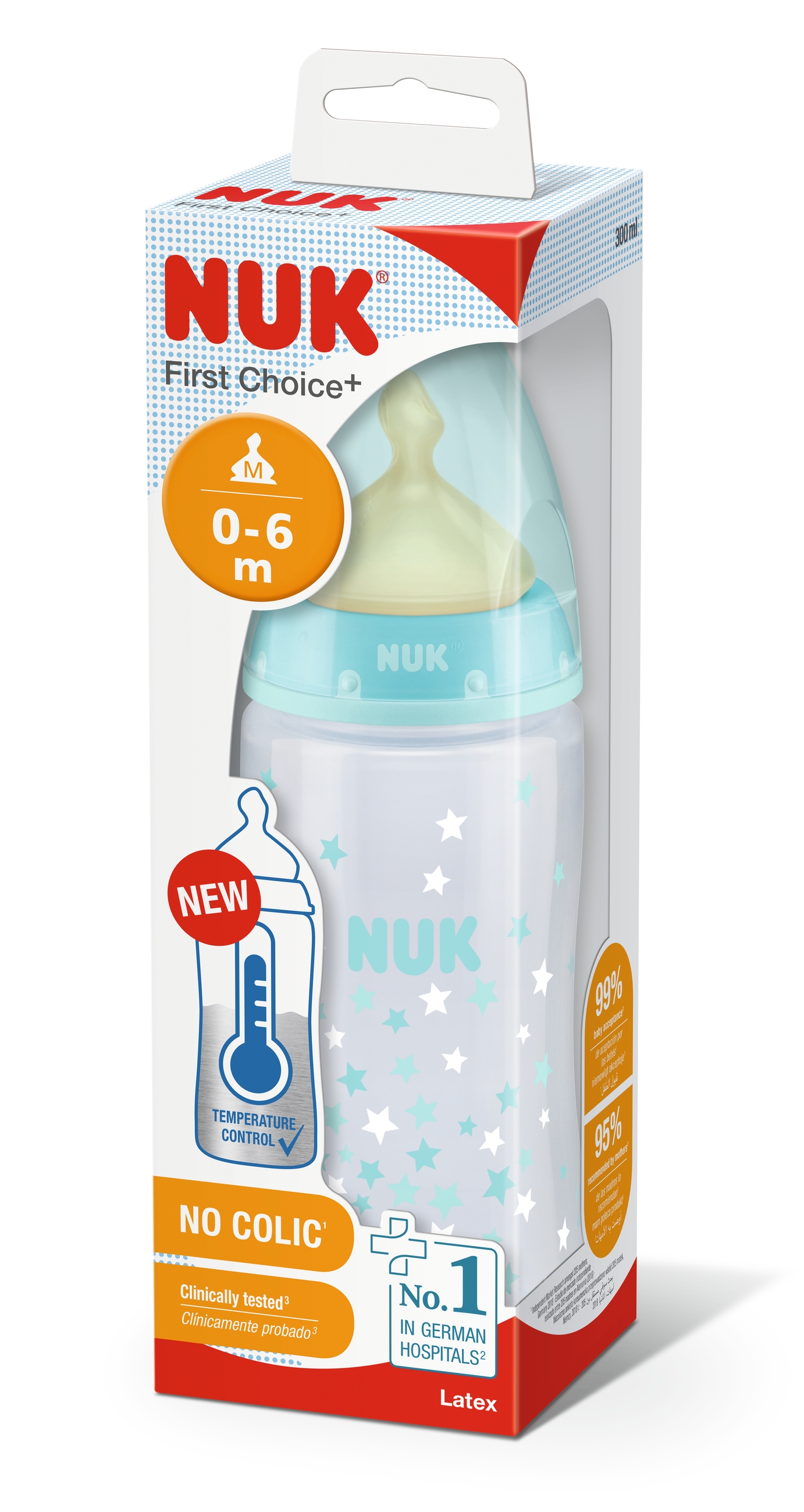 NUK FC+ LUTIPUDEL (LATEKS) 0-6K TEMP.NÄIDIKUGA 300ML - Tootepilt 