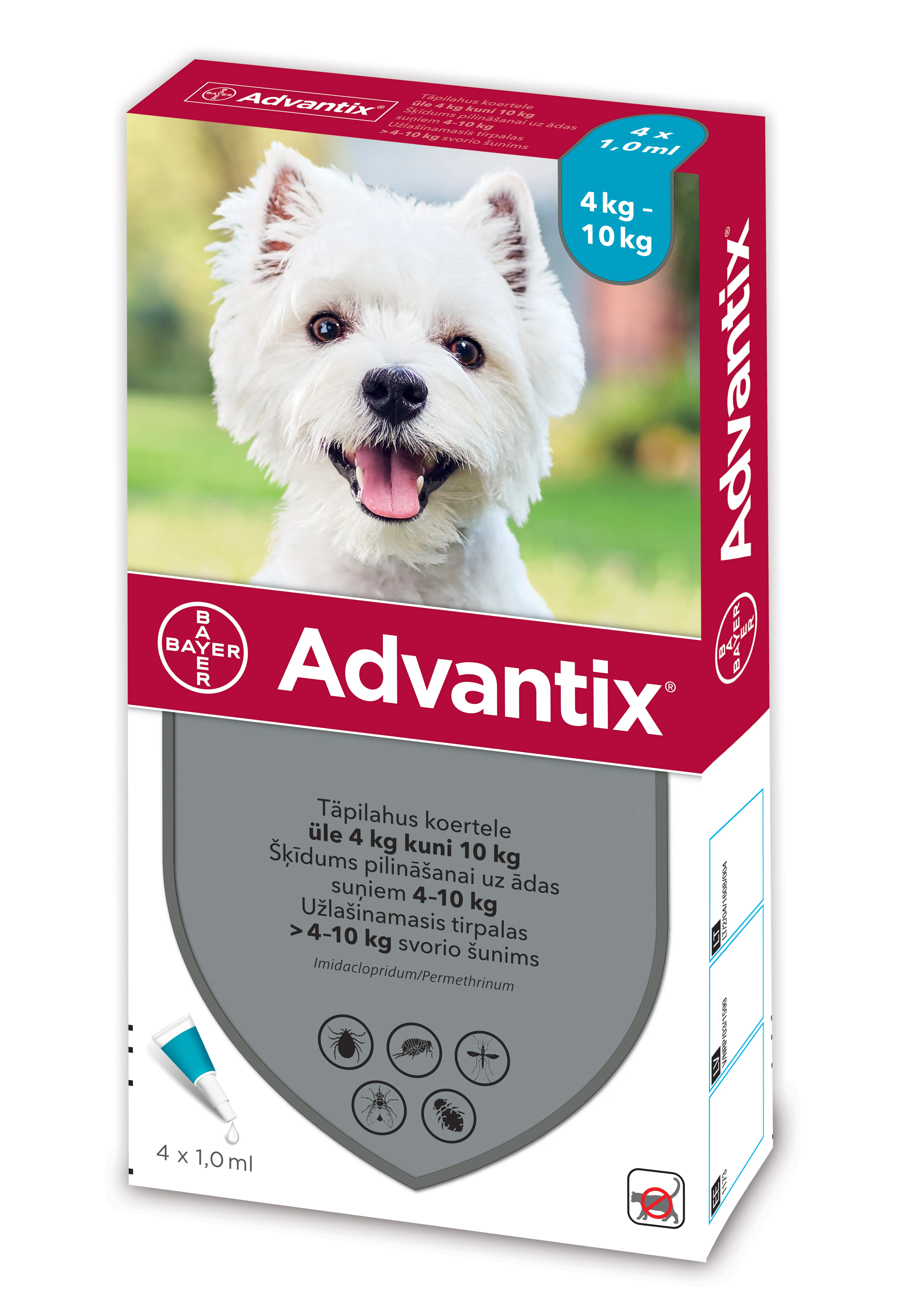 ADVANTIX TÄPILAHUS 500MG+100MG/ML 1ML N4 (>4-10KG) - Tootepilt 