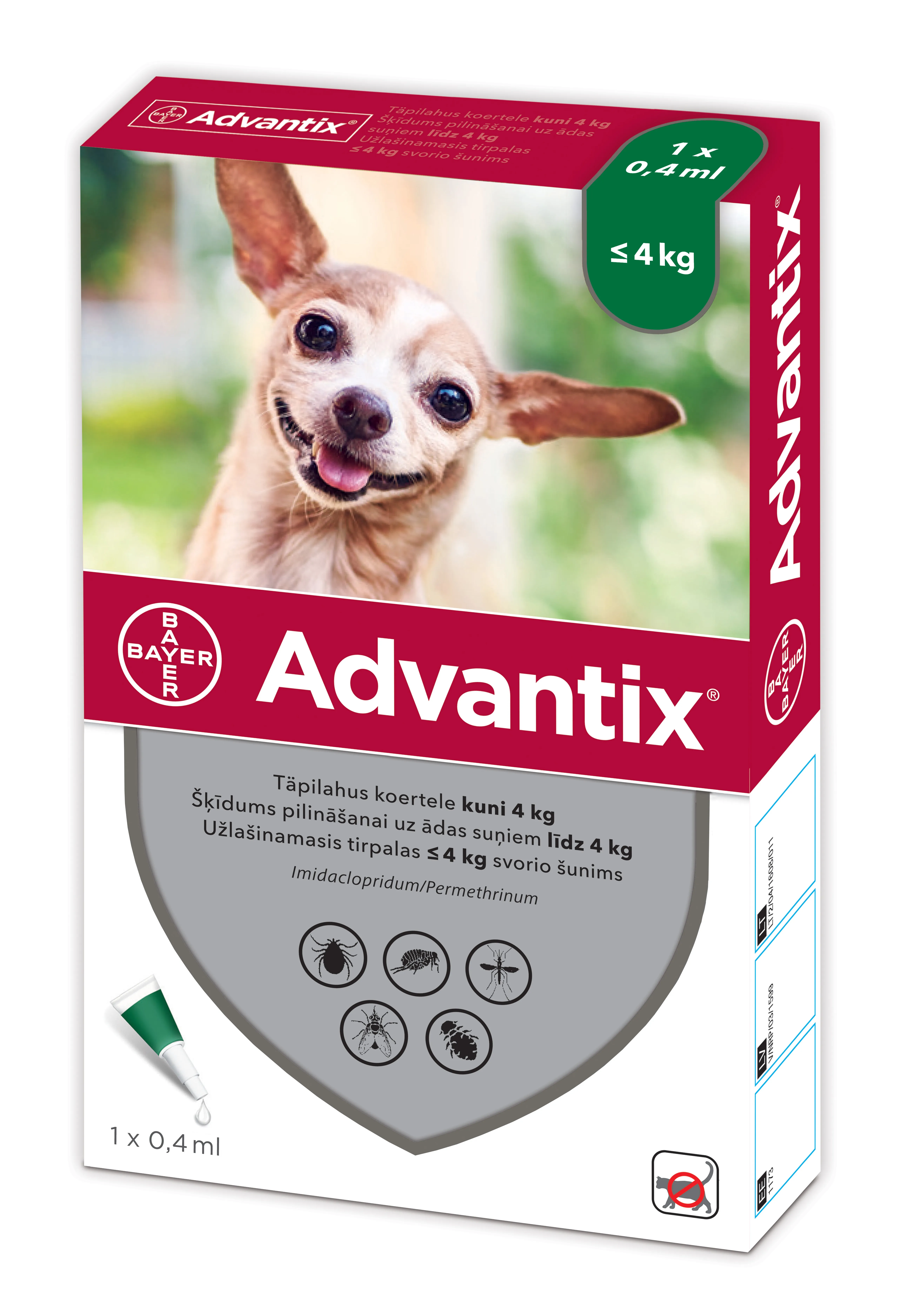 ADVANTIX TÄPILAHUS 500MG+100MG/ML 0,4ML N1 (<4KG) - Tootepilt 