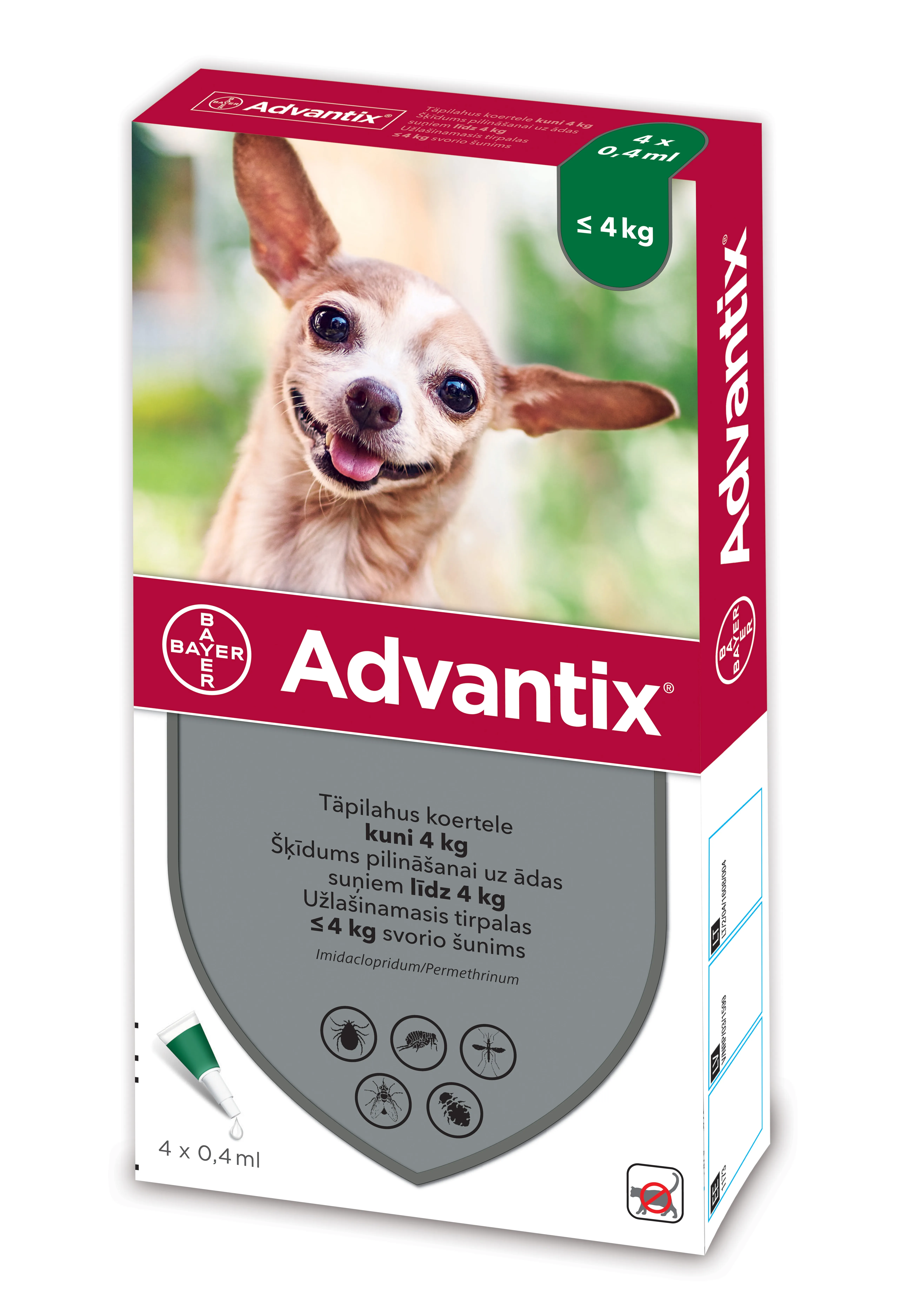 ADVANTIX TÄPILAHUS 500MG+100MG/ML 0,4ML N4 (<4KG) - Tootepilt 