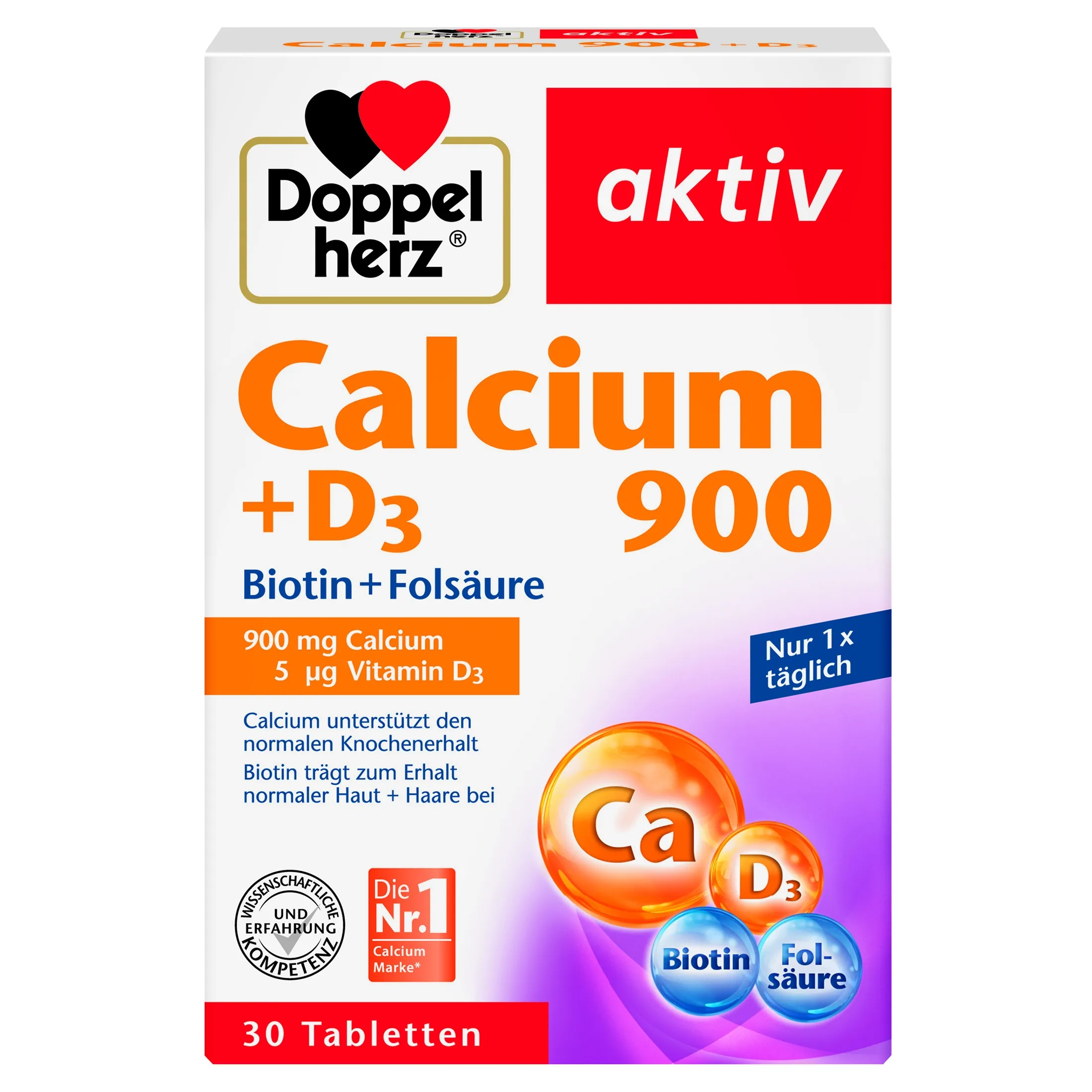 DOPPELHERZ AKTIV KALTSIUM 900 + D3 + BIOTIIN + FOOLHAPE TBL N30 - Tootepilt 