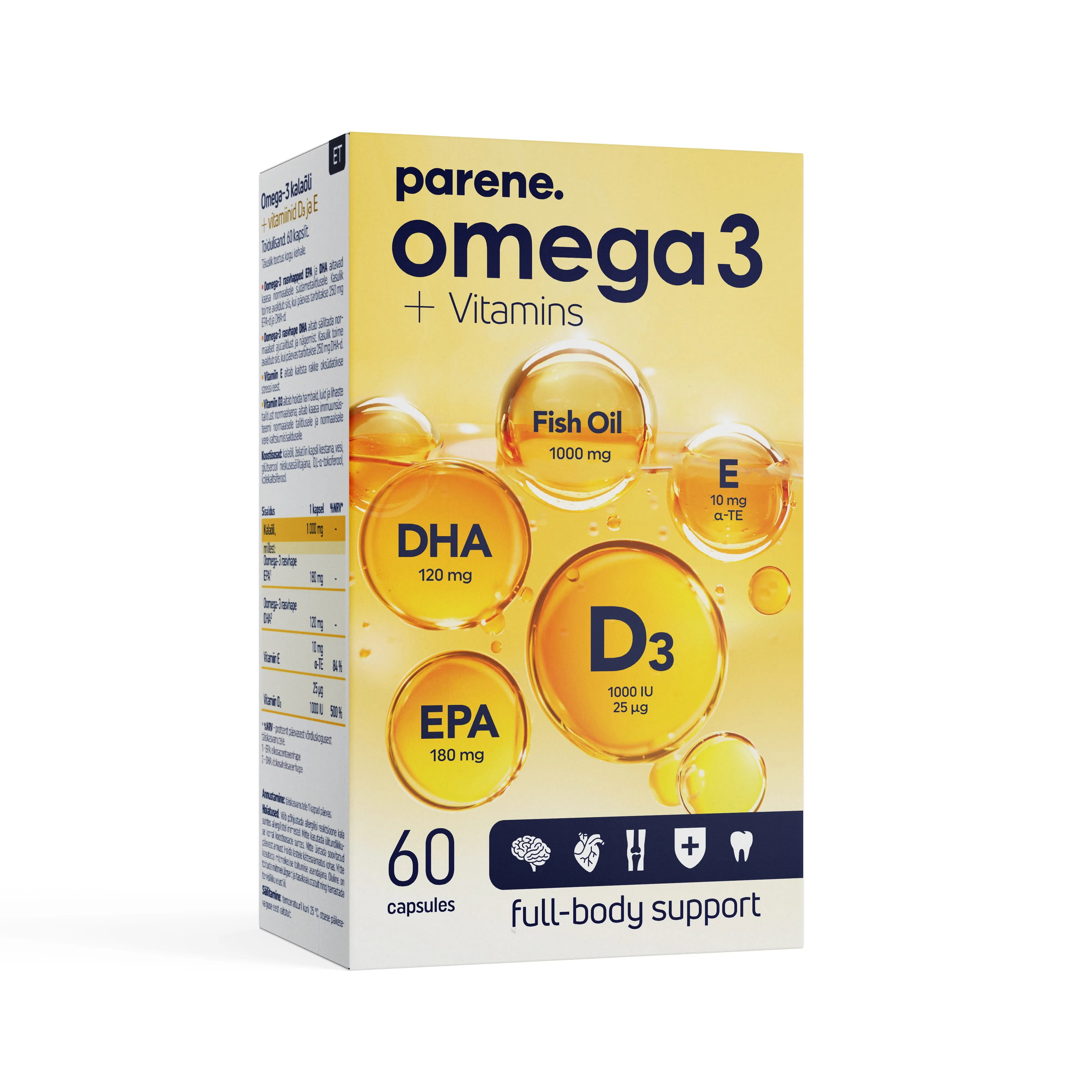 PARENE OMEGA-3 1000MG + D3 25MCG + VIT E 10MG CAPS N60 - Tootepilt 